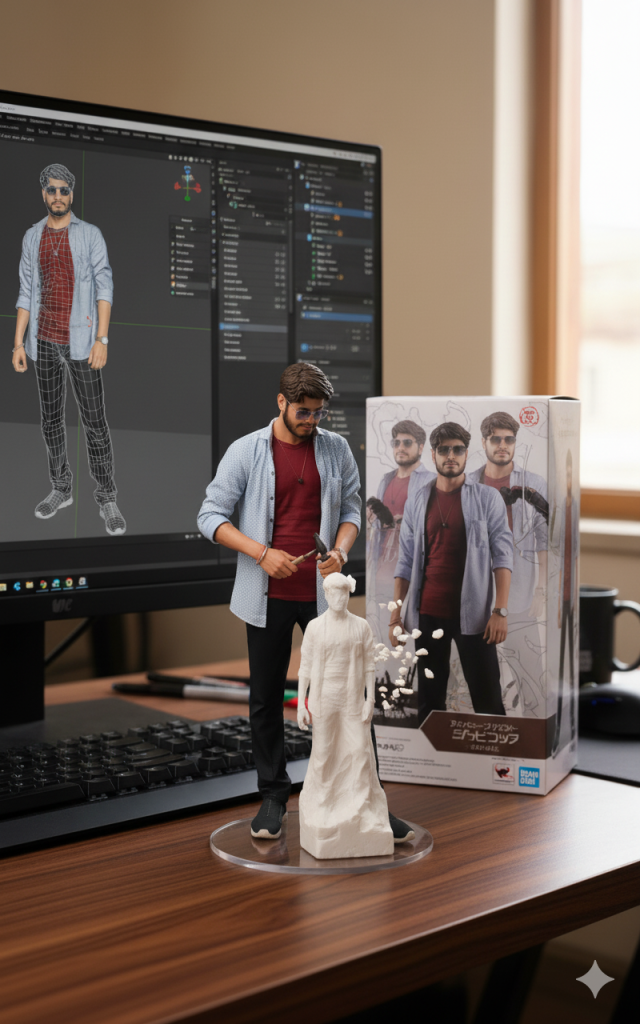 A man poses on a desk next to a computer monitor displaying a 3D wireframe model of himself. He stands over a white, unpainted figurine of himself while an action figure box featuring his image rests on the desk. The image serves as an example for the 'Nano Banana' article.